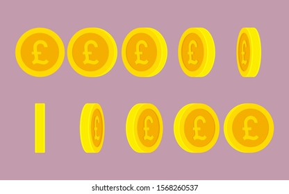 British Pound coin rotating. Vector sprite sheet isolated on plain background. Can be used for GIF animation 