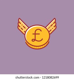 British Pound coin with wings vector icon, flat line design style sign