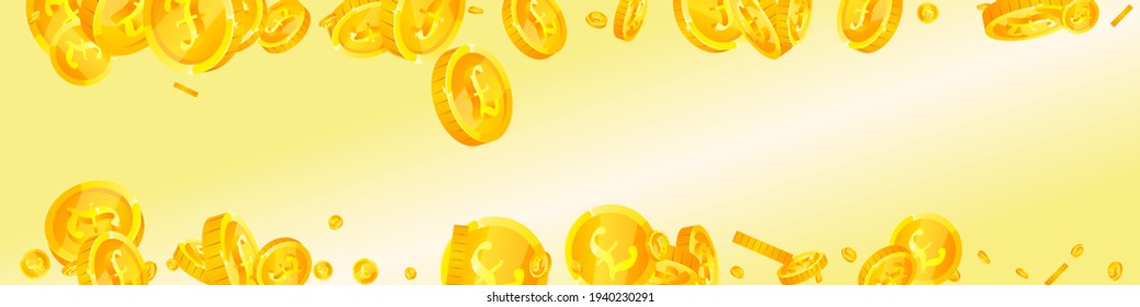 British pound coins falling. Beauteous scattered GBP coins. United Kingdom money. Glamorous jackpot, wealth or success concept. Vector illustration.