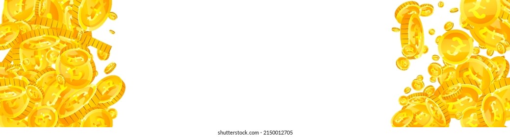British pound coins falling. Bewitching scattered GBP coins. United Kingdom money. Appealing jackpot, wealth or success concept. Vector illustration.
