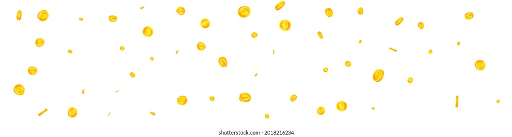 British pound coins falling. Bold scattered GBP coins. United Kingdom money. Graceful jackpot, wealth or success concept. Vector illustration.