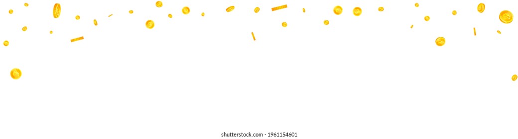 British pound coins falling. Classic scattered GBP coins. United Kingdom money. Dramatic jackpot, wealth or success concept. Vector illustration.