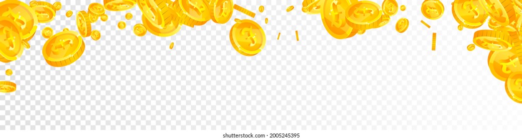 British pound coins falling. Classic scattered GBP coins. United Kingdom money. Delightful jackpot, wealth or success concept. Vector illustration.