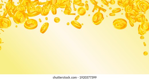 Monedas británicas cayendo. Monedas de GBP dispersas Delicadas. Dinero del Reino Unido. Tentador botín, riqueza o concepto de éxito. Ilustración vectorial.