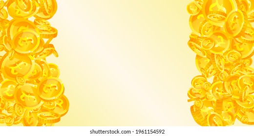 British pound coins falling. Favorable scattered GBP coins. United Kingdom money. Trending jackpot, wealth or success concept. Vector illustration.