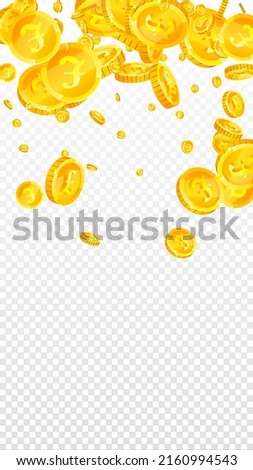 British pound coins falling. Powerful scattered GBP coins. United Kingdom money. Grand jackpot, wealth or success concept. Vector illustration.