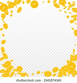 British pound coins falling. Scattered disorderly GBP coins on transparent background. Stylish corner frame vector illustration. Jackpot or success concept.