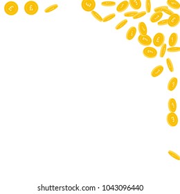 British pound coins falling. Scattered small GBP coins on white background. Divine abstract right top corner vector illustration. Jackpot or success concept.