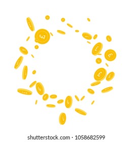 British pound coins falling. Scattered disorderly GBP coins on white background. Imaginative round scattered frame vector illustration. Jackpot or success concept.