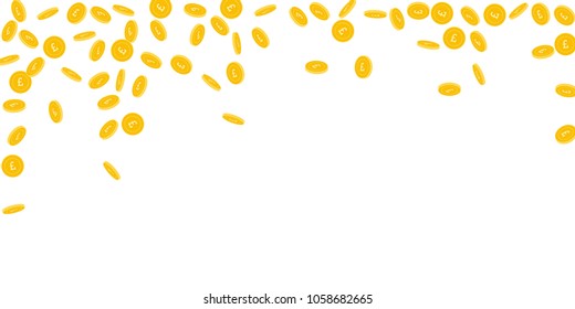 British pound coins falling. Scattered sparse GBP coins on white background. Brilliant falling rain vector illustration. Jackpot or success concept.