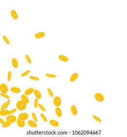 British pound coins falling. Scattered small GBP coins on white background. Alive scattered bottom left corner vector illustration. Jackpot or success concept.