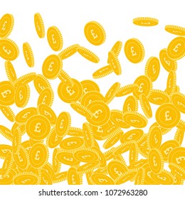British pound coins falling. Scattered big GBP coins on white background. Incredible bottom gradient vector illustration. Jackpot or success concept.