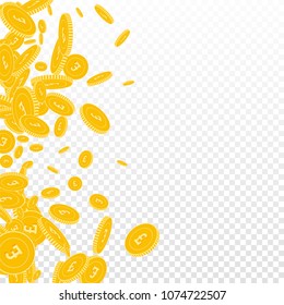 British pound coins falling. Scattered floating GBP coins on transparent background. Powerful scatter left gradient vector illustration. Jackpot or success concept.