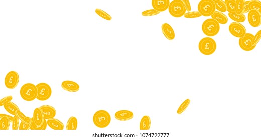 British pound coins falling. Scattered bi GBP coins on white background. Fascinating wide corners vector illustration. Jackpot or success concept.