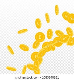 British pound coins falling. Scattered big GBP coins on transparent background. Charming radiant right bottom corner vector illustration. Jackpot or success concept.
