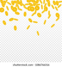 British pound coins falling. Scattered small GBP coins on transparent background. Unequaled scatter top gradient vector illustration. Jackpot or success concept.