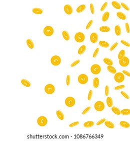 British pound coins falling. Scattered sparse GBP coins on white background. Energetic right gradient vector illustration. Jackpot or success concept.
