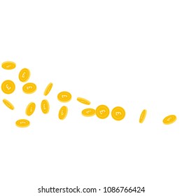British pound coins falling. Scattered sparse GBP coins on white background. Flawless square shape vector illustration. Jackpot or success concept.
