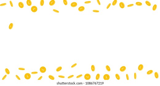 British pound coins falling. Scattered sparse GBP coins on white background. Enchanting scattered border vector illustration. Jackpot or success concept.