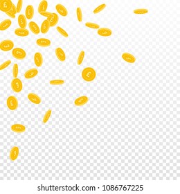 British pound coins falling. Scattered small GBP coins on transparent background. Delightful scattered top left corner vector illustration. Jackpot or success concept.