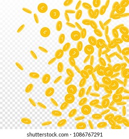 British pound coins falling. Scattered small GBP coins on transparent background. Eminent right gradient vector illustration. Jackpot or success concept.