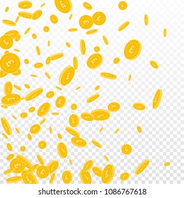 British pound coins falling. Scattered disorderly GBP coins on transparent background. Unique left gradient vector illustration. Jackpot or success concept.