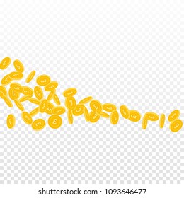 British pound coins falling. Scattered small GBP coins on transparent background. Favorable square shape vector illustration. Jackpot or success concept.