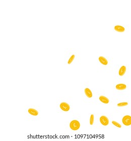 British pound coins falling. Scattered sparse GBP coins on white background. Bewitching scattered bottom right corner vector illustration. Jackpot or success concept.