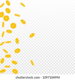British pound coins falling. Scattered sparse GBP coins on transparent background. Radiant scatter left gradient vector illustration. Jackpot or success concept.
