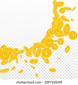 British pound coins falling. Scattered floating GBP coins on transparent background. Fantastic big radiant left top corner vector illustration. Jackpot or success concept.