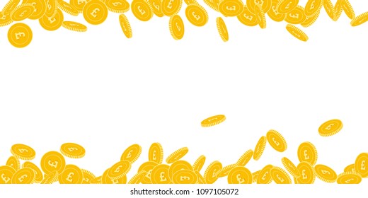 British pound coins falling. Scattered bi GBP coins on white background. Delicate scattered border vector illustration. Jackpot or success concept.