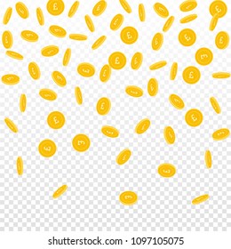 British pound coins falling. Scattered sparse GBP coins on transparent background. Imaginative top gradient vector illustration. Jackpot or success concept.