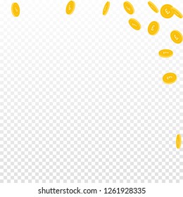 British pound coins falling. Scattered sparse GBP coins on transparent background. Dramatic abstract right top corner vector illustration. Jackpot or success concept.