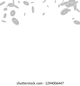 British pound coins falling. Scattered black and white GBP disorderly coins. Jackpot or success concept. Stylish abstract top border vector illustration.