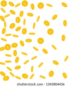 British pound coins falling. Scattered sparse GBP coins on white background. Actual left gradient vector illustration. Jackpot or success concept.