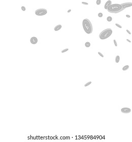 British pound coins falling. Scattered black and white GBP disorderly coins. Jackpot or success concept. Stylish scattered top right corner vector illustration.