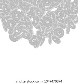 British pound coins falling. Scattered black and white GBP big coins. Jackpot or success concept. Awesome top semicircle square vector illustration.