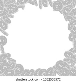 British pound coins falling. Scattered black and white GBP big coins. Jackpot or success concept. Bold corner frame vector illustration.