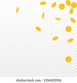 British pound coins falling. Scattered sparse GBP coins on transparent background. Exquisite scattered top right corner vector illustration. Jackpot or success concept.