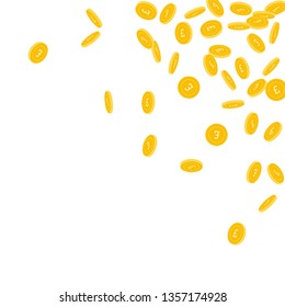 British pound coins falling. Scattered small GBP coins on white background. Exotic scattered top right corner vector illustration. Jackpot or success concept.