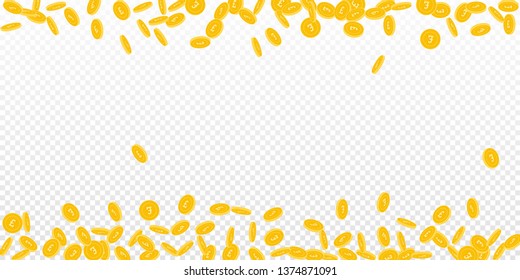 British pound coins falling. Scattered small GBP coins on transparent background. Elegant scattered border vector illustration. Jackpot or success concept.