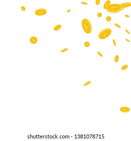 British pound coins falling. Scattered disorderly GBP coins on white background. Enchanting scattered top right corner vector illustration. Jackpot or success concept.