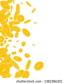 Monedas de libra británica cayendo. Monedas de GBP flotantes dispersas sobre fondo blanco. Preciosa Ilustración vectorial de gradiente izquierdo de dispersión. Jackpot o concepto de éxito.