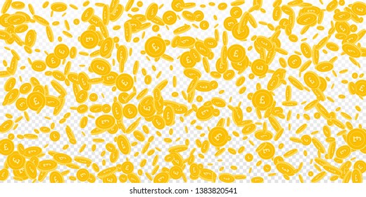 British pound coins falling. Scattered disorderly GBP coins on transparent background. Lively wide scatter vector illustration. Jackpot or success concept.