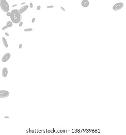 British pound coins falling. Scattered black and white GBP disorderly coins. Jackpot or success concept. Posh abstract left top corner vector illustration.