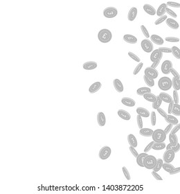 British pound coins falling. Scattered black and white GBP small coins. Jackpot or success concept. Mind-blowing scatter right gradient vector illustration.