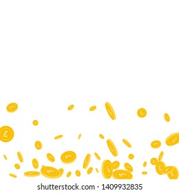 British pound coins falling. Scattered disorderly GBP coins on white background. Noteworthy scatter bottom gradient vector illustration. Jackpot or success concept.