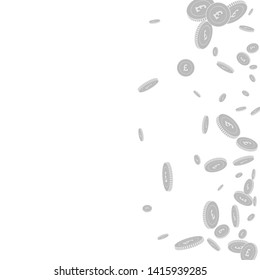 British pound coins falling. Scattered black and white GBP disorderly coins. Jackpot or success concept. Memorable scatter right gradient vector illustration.