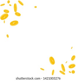 British pound coins falling. Scattered disorderly GBP coins on white background. Magnetic scatter abstract corners vector illustration. Jackpot or success concept.