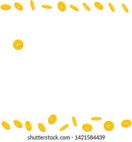 British pound coins falling. Scattered sparse GBP coins on white background. Immaculate borders vector illustration. Jackpot or success concept.
